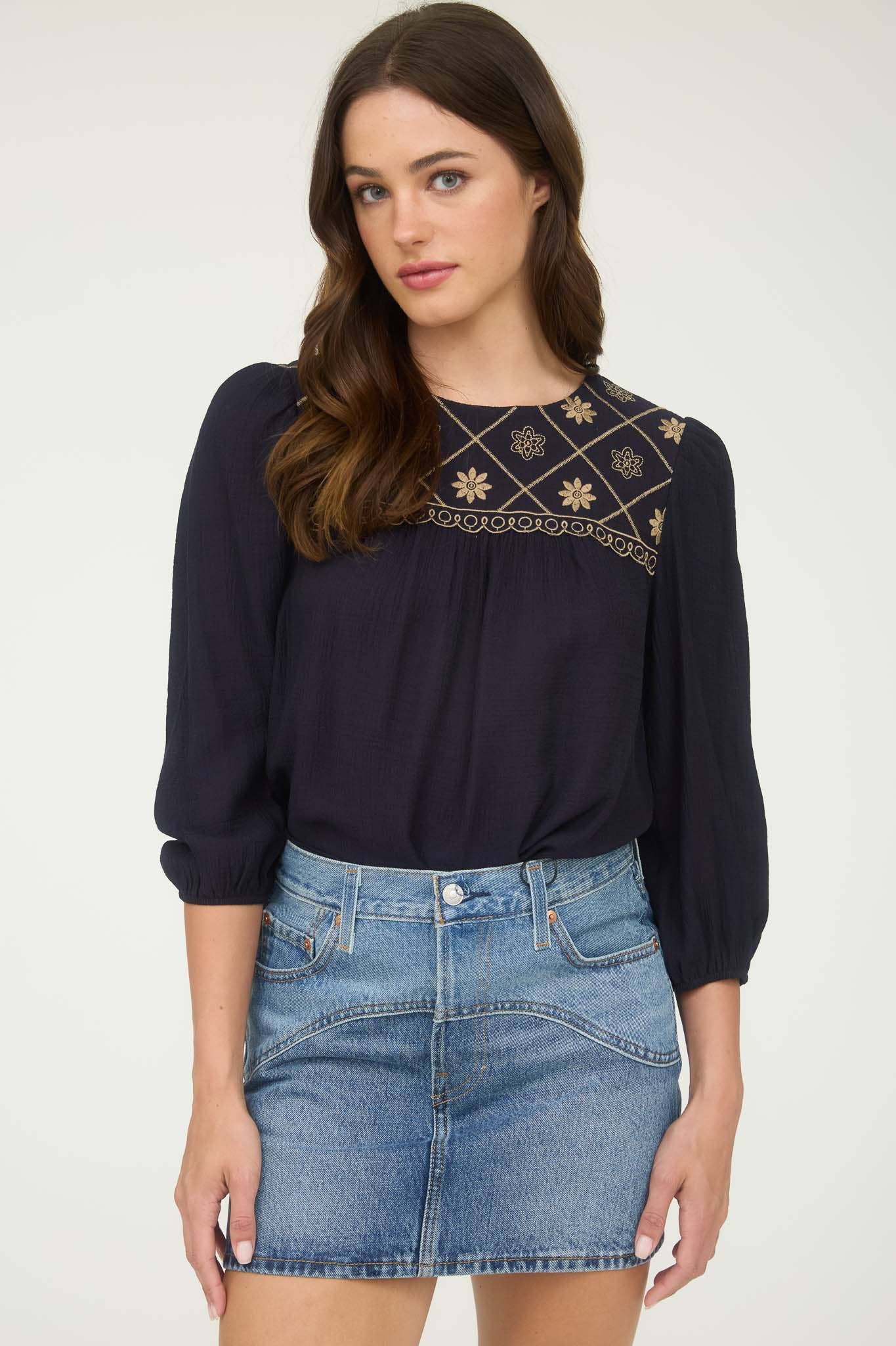 Floral Embroidered Yoke 3/4 Sleeve Blouse - Cowhide and Conchos
