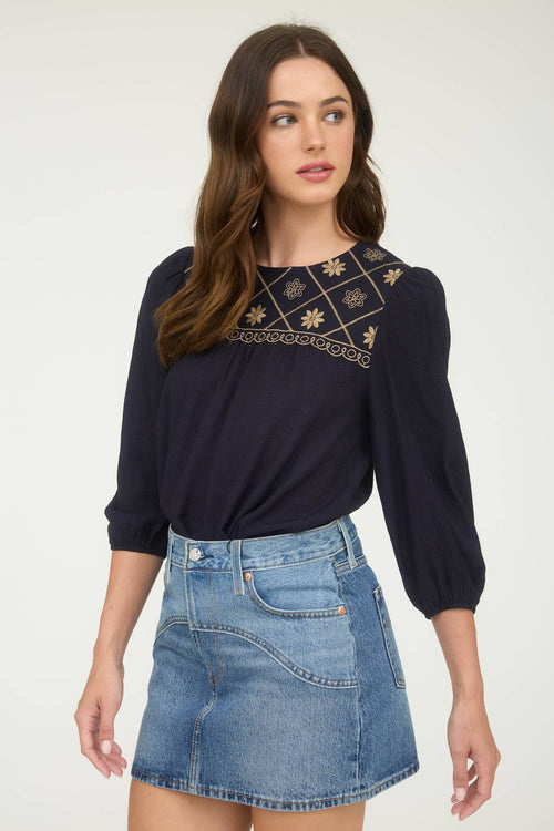 Floral Embroidered Yoke 3/4 Sleeve Blouse - Cowhide and Conchos