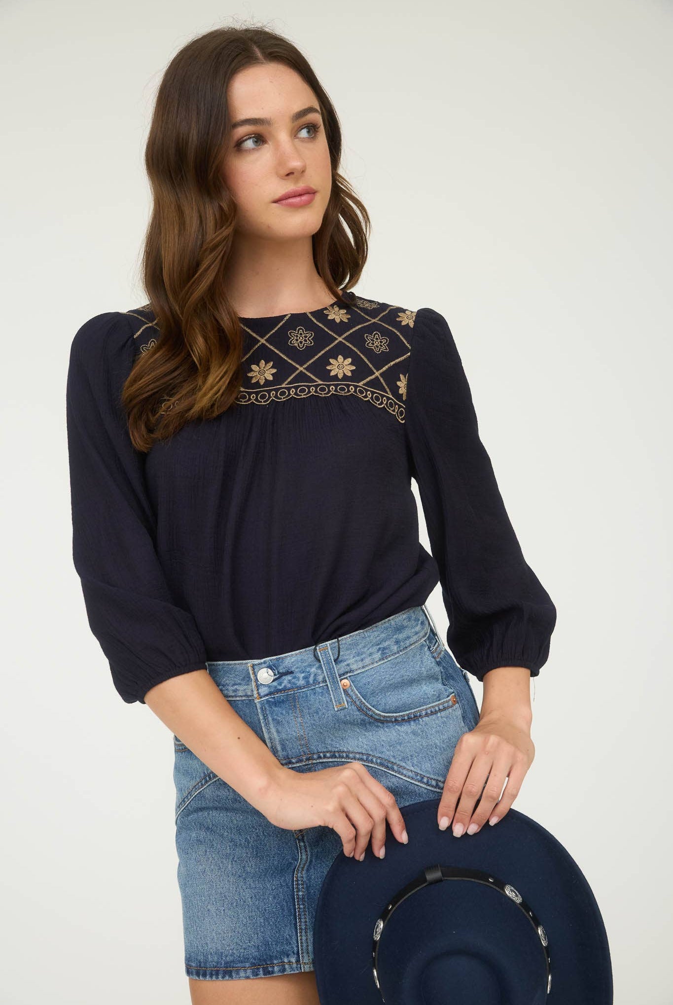 Floral Embroidered Yoke 3/4 Sleeve Blouse - Cowhide and Conchos