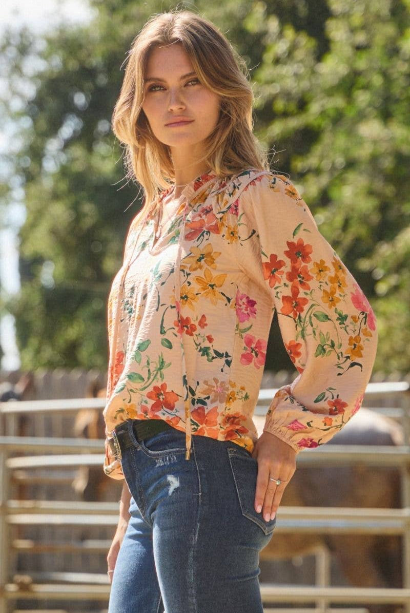 Floral Printed Long Sleeve Blouse - Cowhide and Conchos