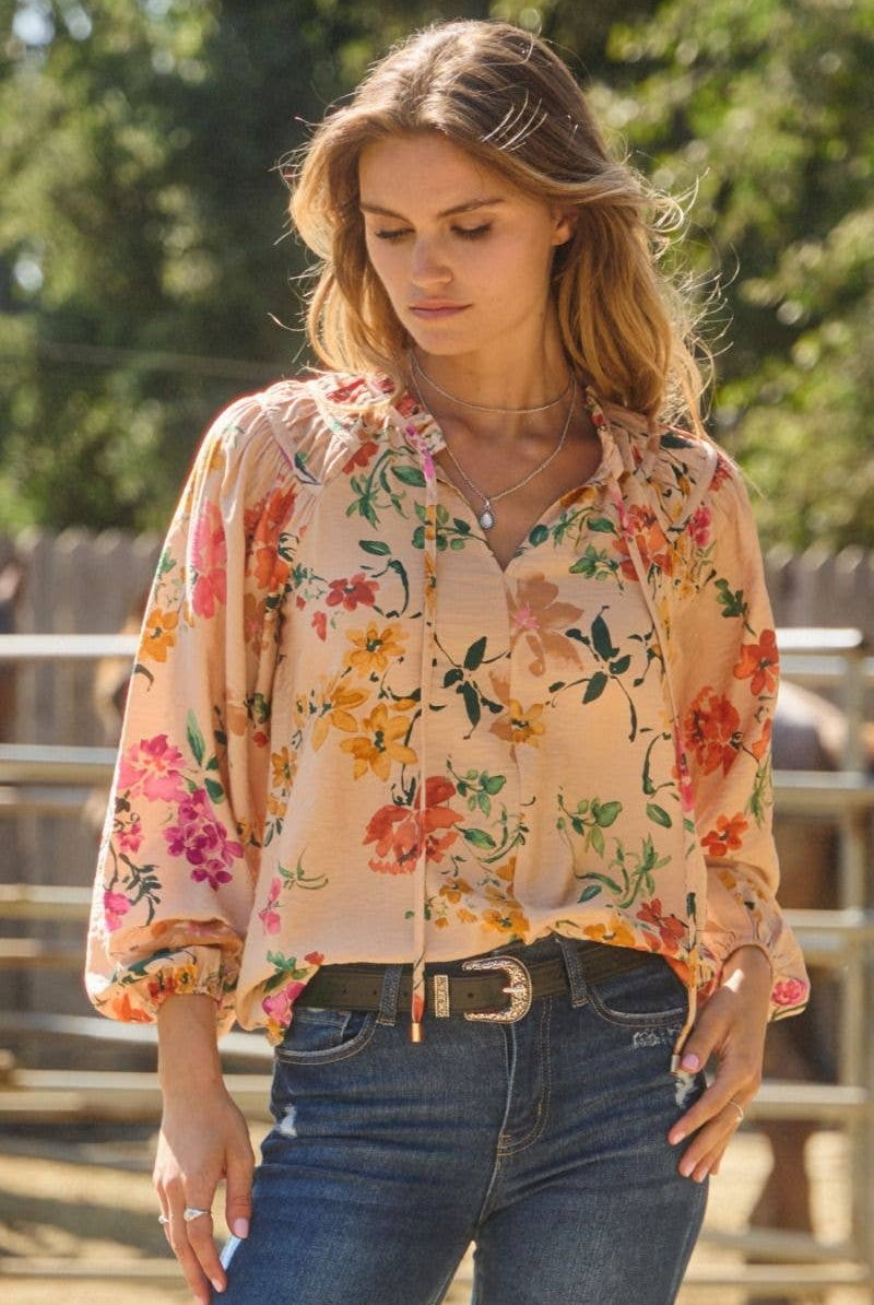 Floral Printed Long Sleeve Blouse - Cowhide and Conchos