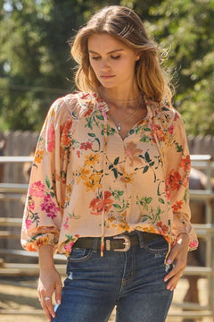 Floral Printed Long Sleeve Blouse - Cowhide and Conchos
