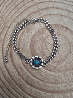 Flower and Faux Turquoise Cuban Chain Bracelet - Cowhide and Conchos