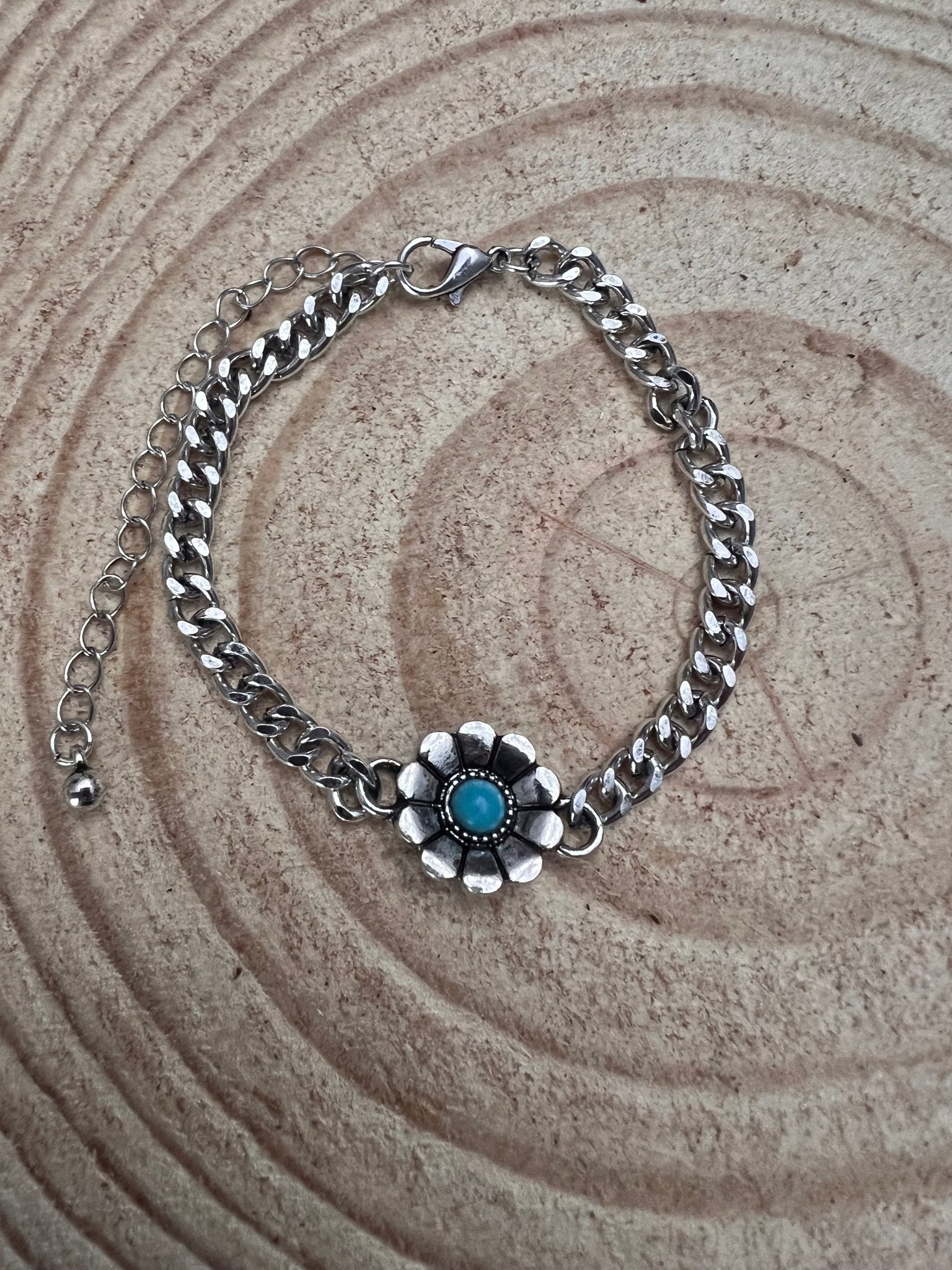 Flower and Faux Turquoise Cuban Chain Bracelet - Cowhide and Conchos