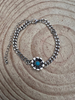 Flower and Faux Turquoise Cuban Chain Bracelet - Cowhide and Conchos