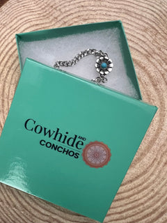 Flower and Faux Turquoise Cuban Chain Bracelet - Cowhide and Conchos