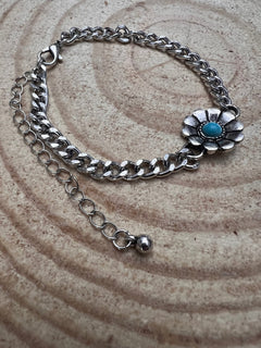 Flower and Faux Turquoise Cuban Chain Bracelet - Cowhide and Conchos