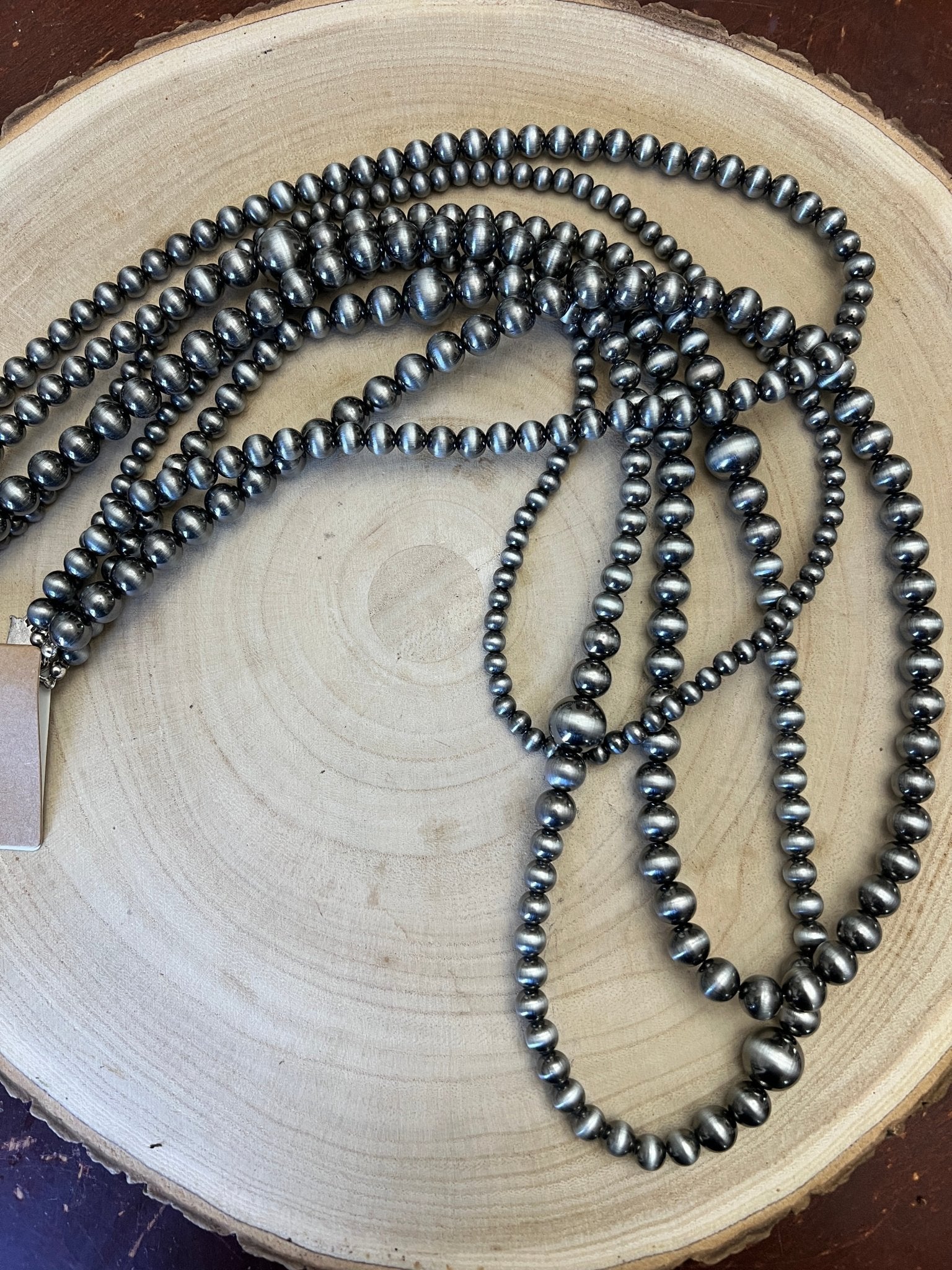 Four Strand Burnished Faux Sterling Pearl Necklace – Western Layered Set - Cowhide and Conchos