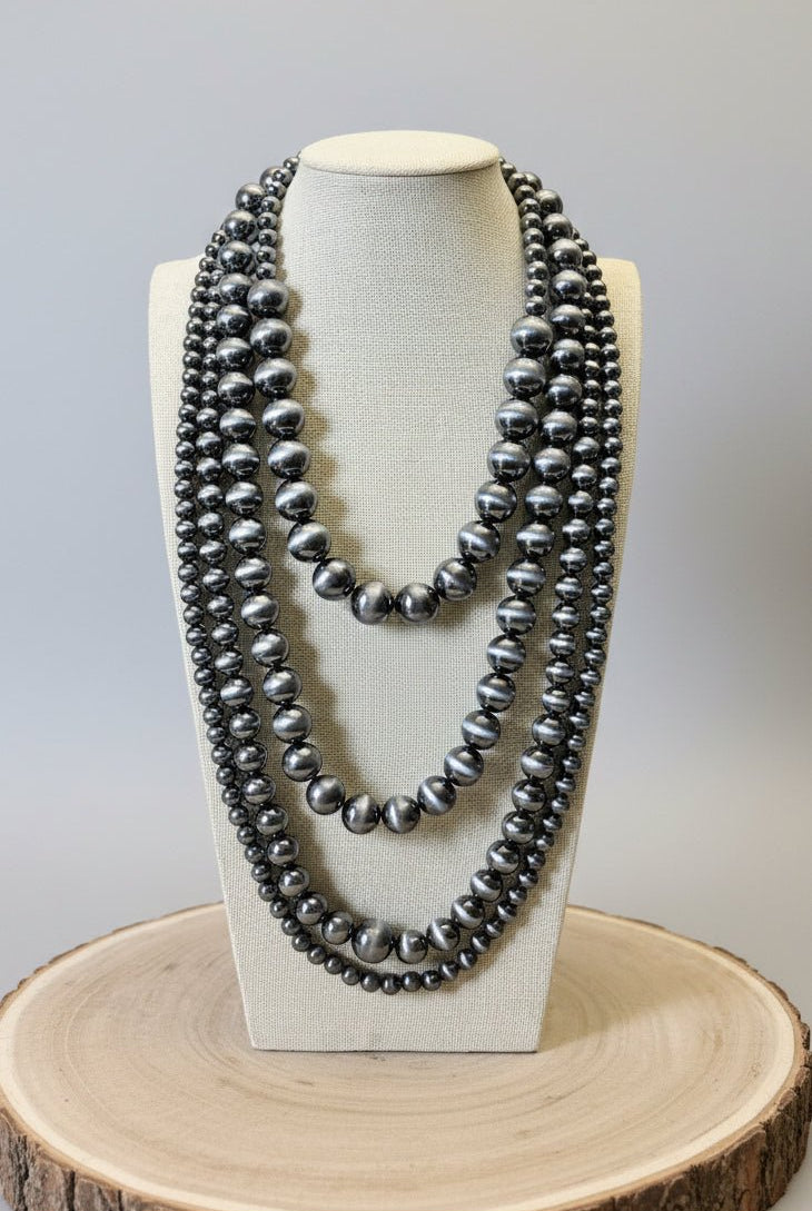 Four Strand Burnished Faux Sterling Pearl Necklace – Western Layered Set2 - Cowhide and Conchos