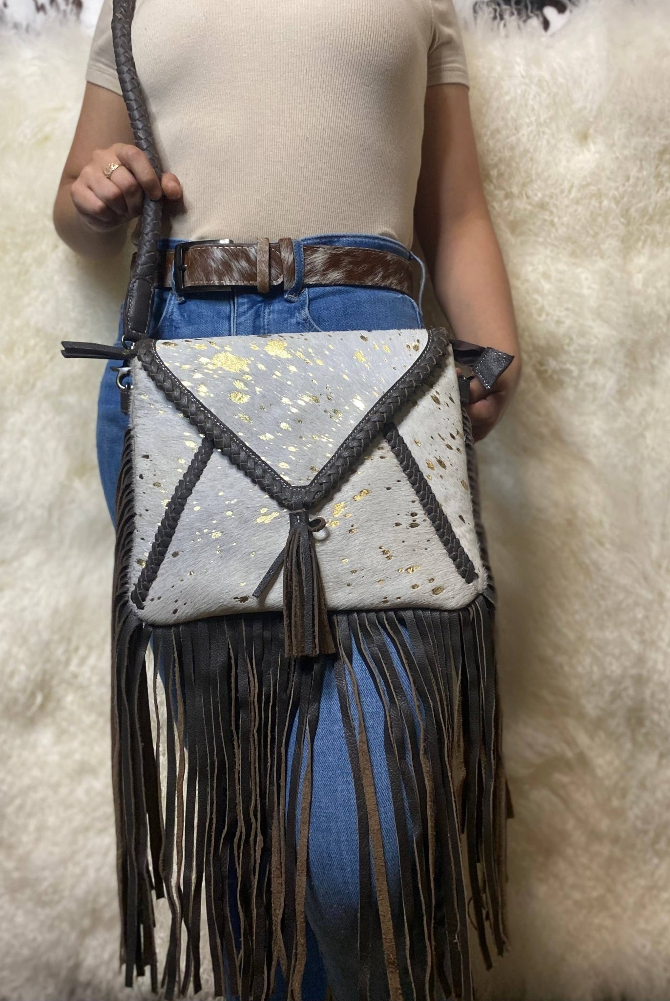 Fringe Cowhide Crossbody Acid Wash Gold Leather Rope Strap - Cowhide and Conchos
