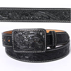 Genuine American Black Hand Tooled Leather Belt - Men or Women - Cowhide and Conchos