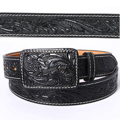 Genuine American Black Hand Tooled Leather Belt - Men or Women - Cowhide and Conchos