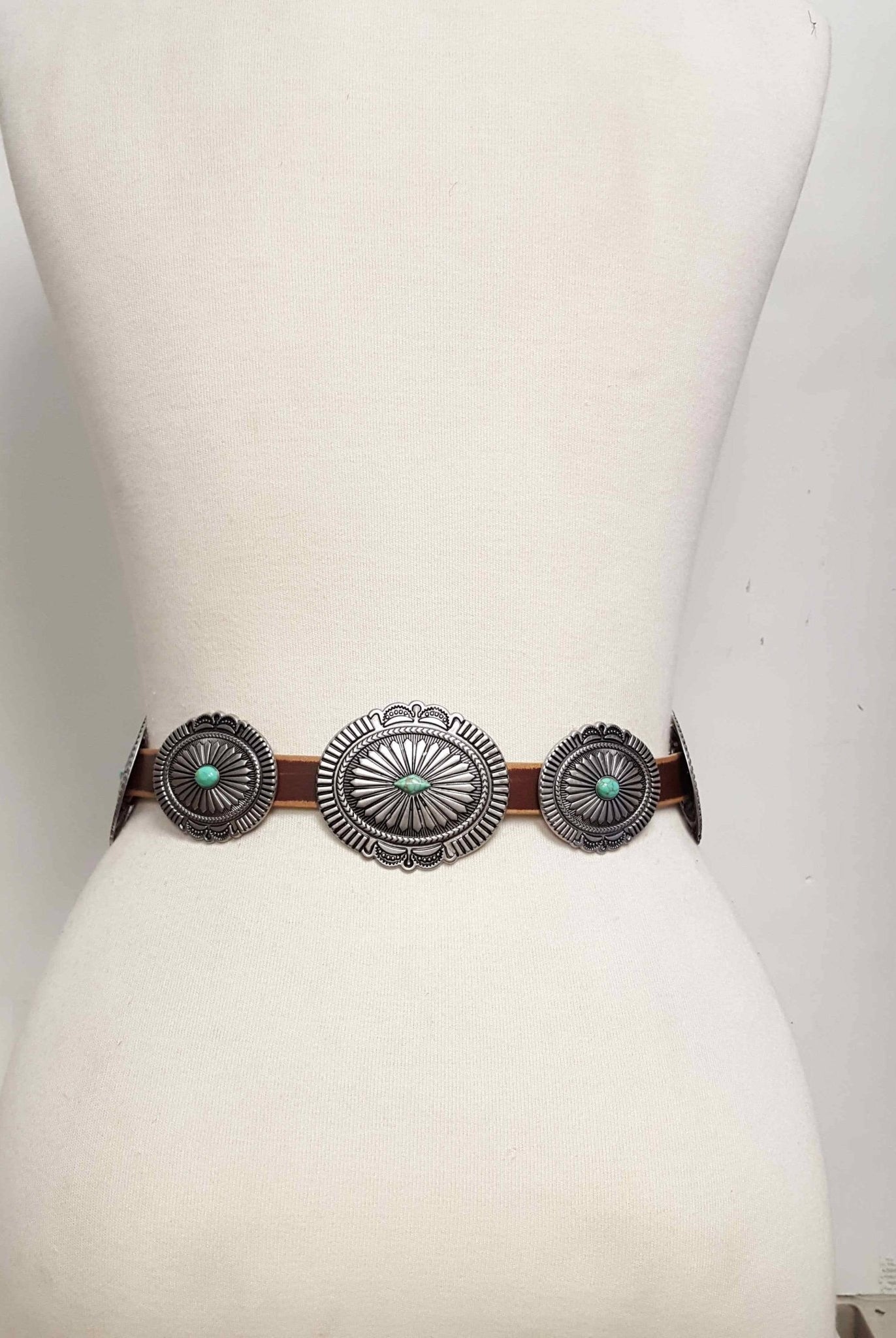 Genuine Distressed Leather Concho Belt with Faux Turquoise - Cowhide and Conchos