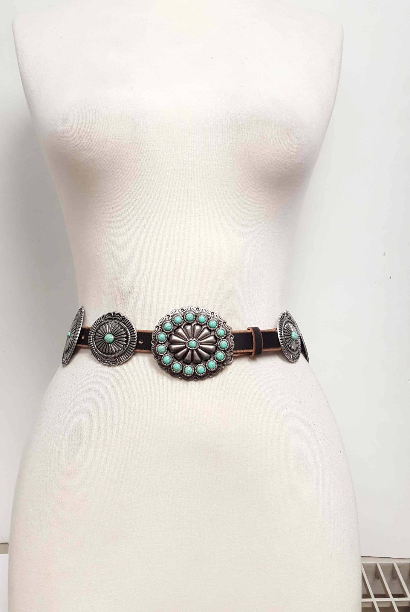 Genuine Distressed Leather Concho Belt with Faux Turquoise - Cowhide and Conchos