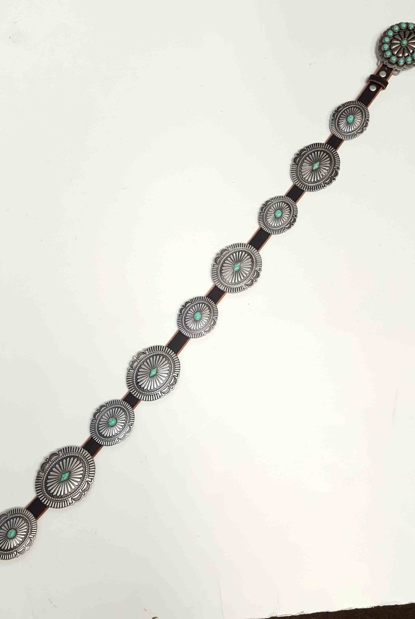 Genuine Distressed Leather Concho Belt with Faux Turquoise - Cowhide and Conchos