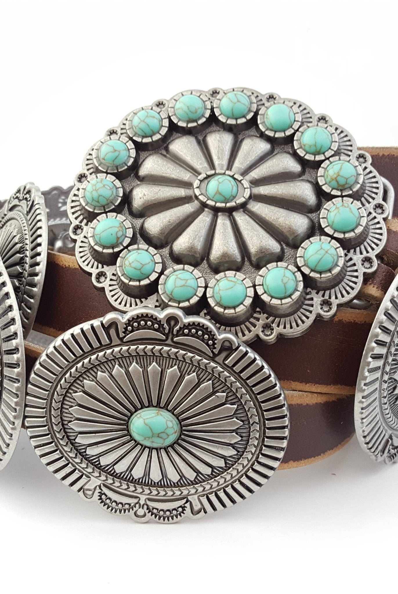 Genuine Distressed Leather Concho Belt with Faux Turquoise - Cowhide and Conchos