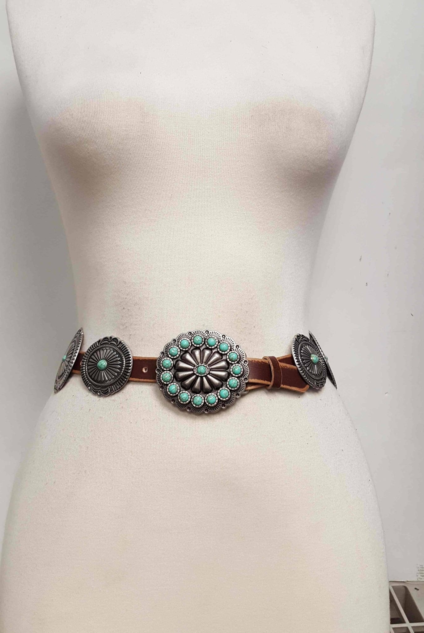 Genuine Distressed Leather Concho Belt with Faux Turquoise - Cowhide and Conchos