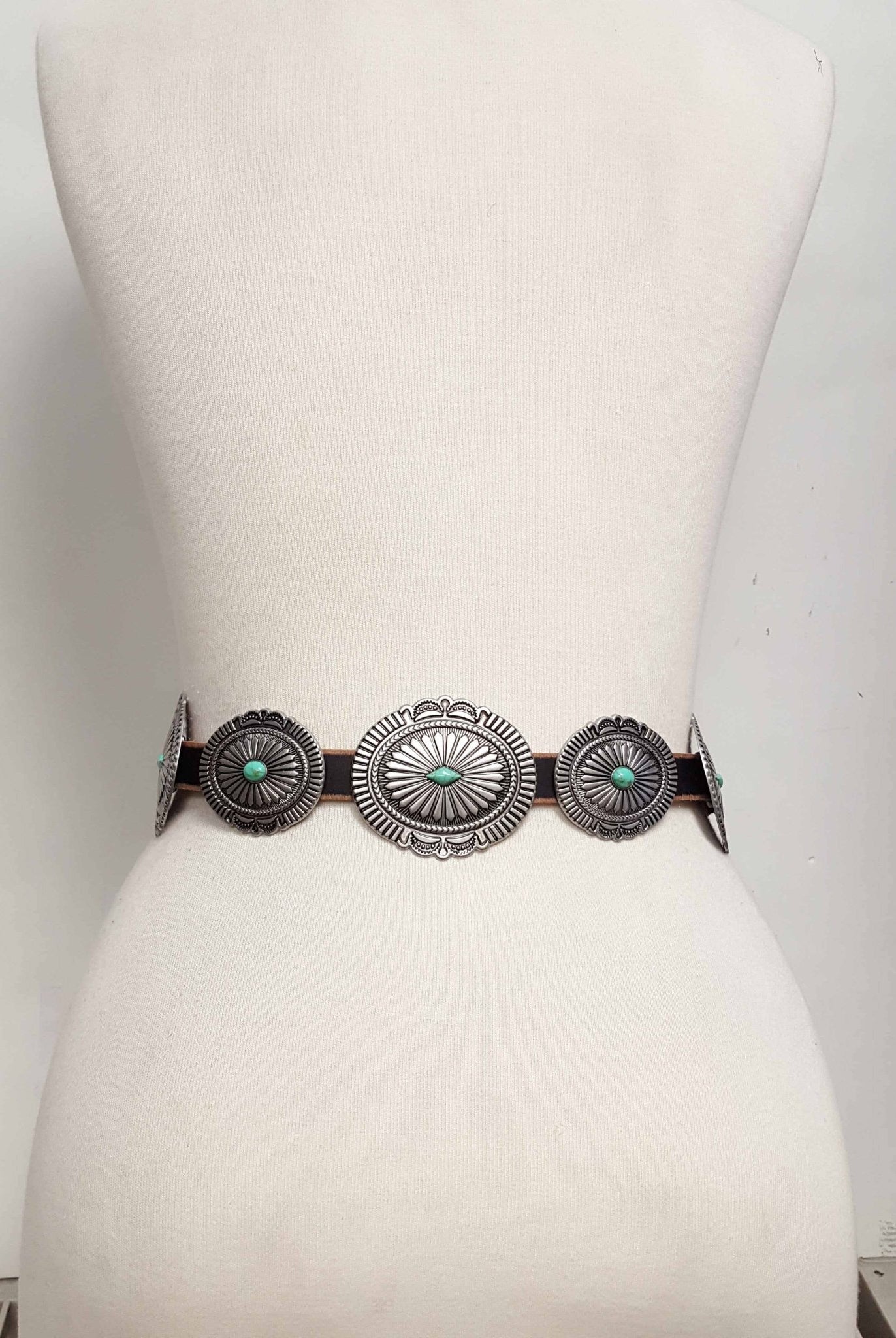 Genuine Distressed Leather Concho Belt with Faux Turquoise - Cowhide and Conchos