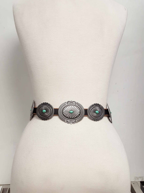 Genuine Distressed Leather Concho Belt with Faux Turquoise - Cowhide and Conchos