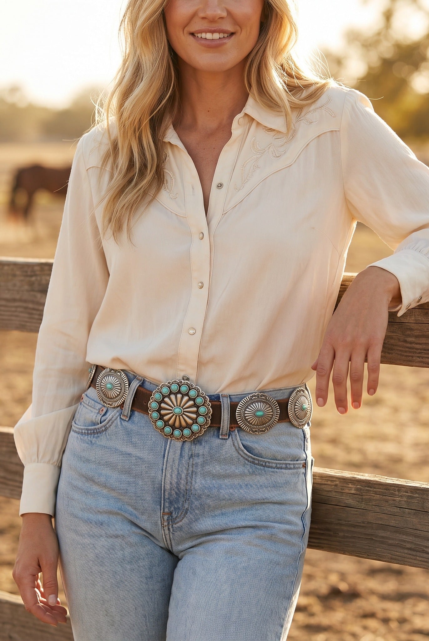 Genuine Distressed Leather Western Concho Belt with Faux Turquoise Stone Buckle - Cowhide and Conchos