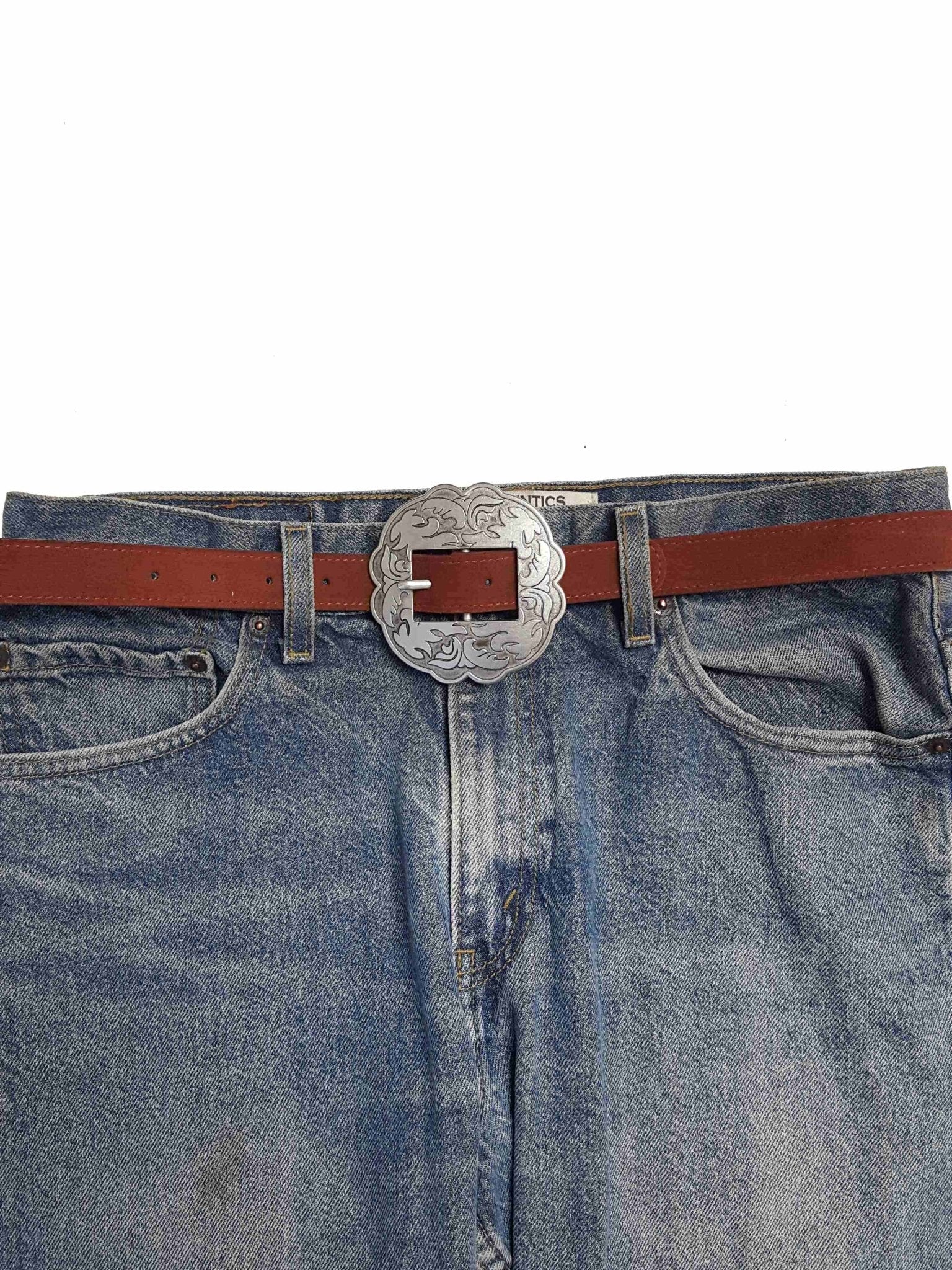 Genuine Suede Leather Belt w. Western Floral Buckle - Cowhide and Conchos