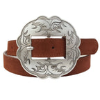 Genuine Suede Leather Belt w. Western Floral Buckle - Cowhide and Conchos