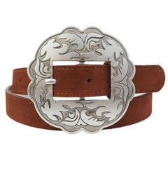 Genuine Suede Leather Belt w. Western Floral Buckle - Cowhide and Conchos