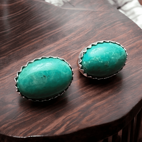 Genuine Thunder Creek Turquoise Post Earrings - 10 x 14 mm - Cowhide and Conchos