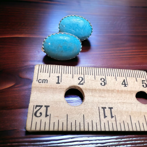Genuine Turquoise Post Earrings - 13 x 18mm - Cowhide and Conchos
