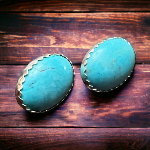 Genuine Turquoise Post Earrings - 13 x 18mm - Cowhide and Conchos