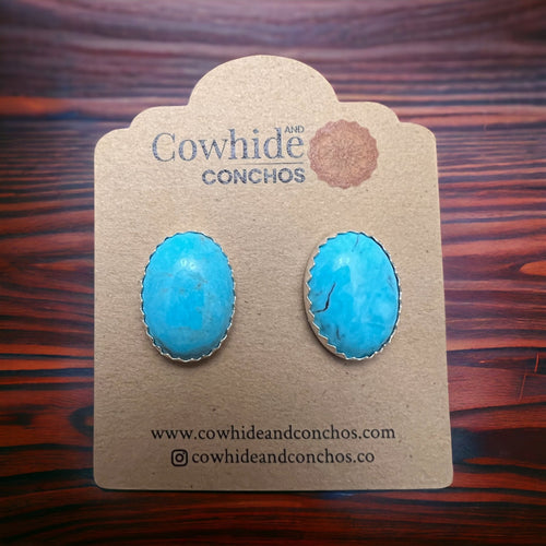 Genuine Turquoise Post Earrings - 13 x 18mm - Cowhide and Conchos