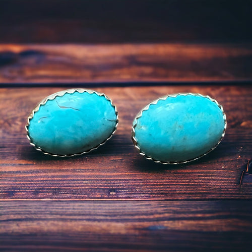 Genuine Turquoise Post Earrings - 13 x 18mm - Cowhide and Conchos