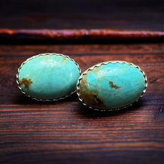 Genuine Turquoise Post Earrings - 13 x 18mm - Cowhide and Conchos