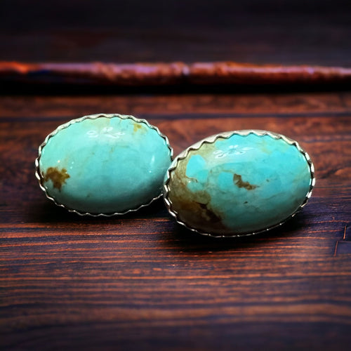 Genuine Turquoise Post Earrings - 13 x 18mm - Cowhide and Conchos