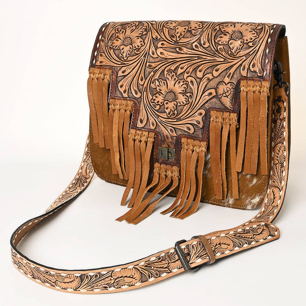ADYAN Western Leather Crossbody Bag With Floral Tooling & Fringe - Genuine Cowhide Women's Purse