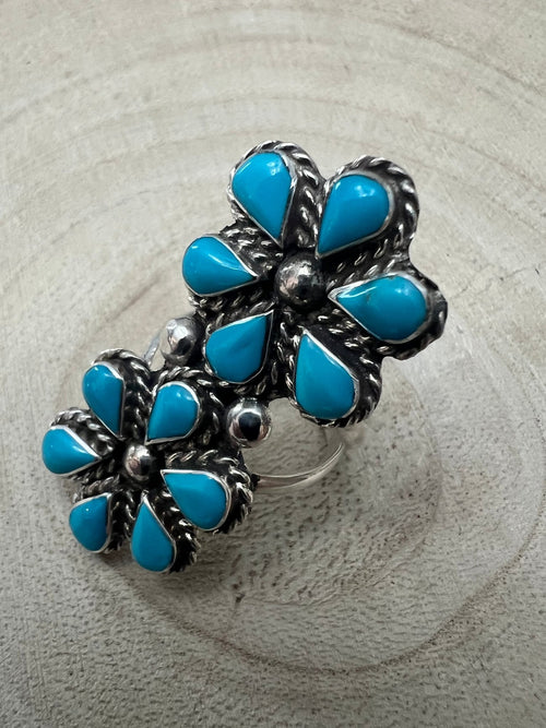 Gina Dosedo Turquoise & Sterling Silver Ring - Size 7.5 & 8.5 - Cowhide and Conchos