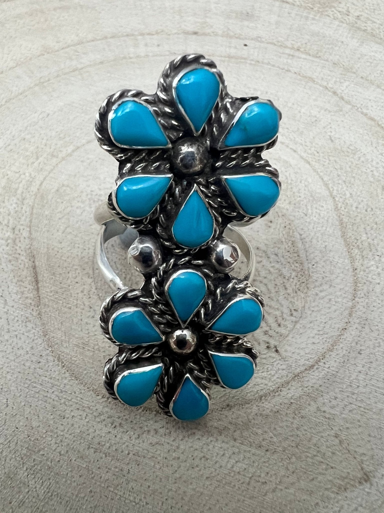 Gina Dosedo Turquoise & Sterling Silver Ring - Size 7.5 & 8.5 - Cowhide and Conchos