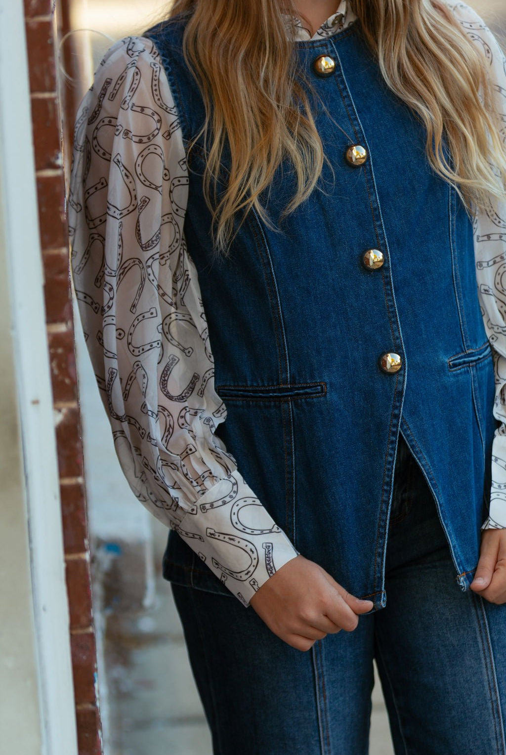 Gold Rush Button Denim Vest - Cowhide and Conchos