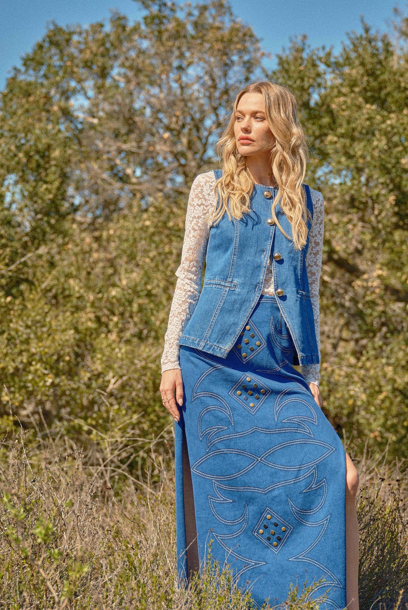 Gold Rush Button Denim Vest - Cowhide and Conchos