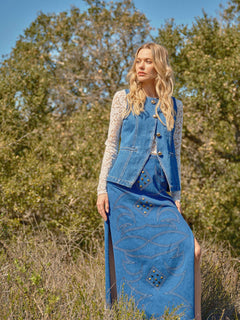 Gold Rush Button Denim Vest - Cowhide and Conchos