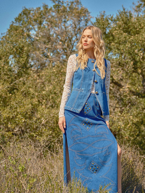 Gold Rush Button Denim Vest - Cowhide and Conchos