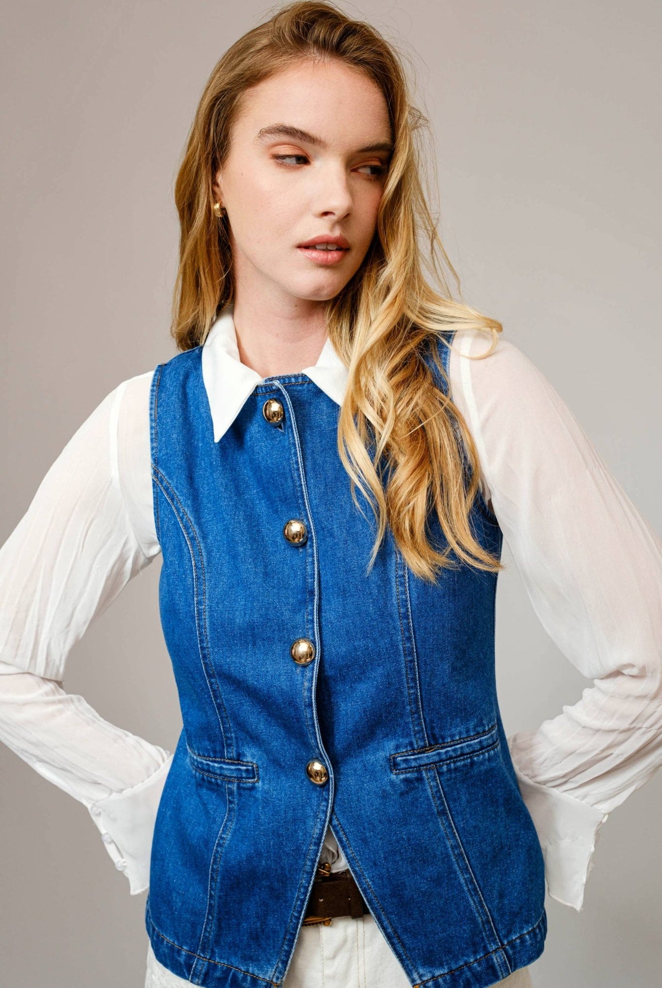 Gold Rush Button Denim Vest - Cowhide and Conchos