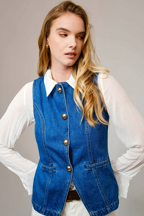 Gold Rush Button Denim Vest - Cowhide and Conchos