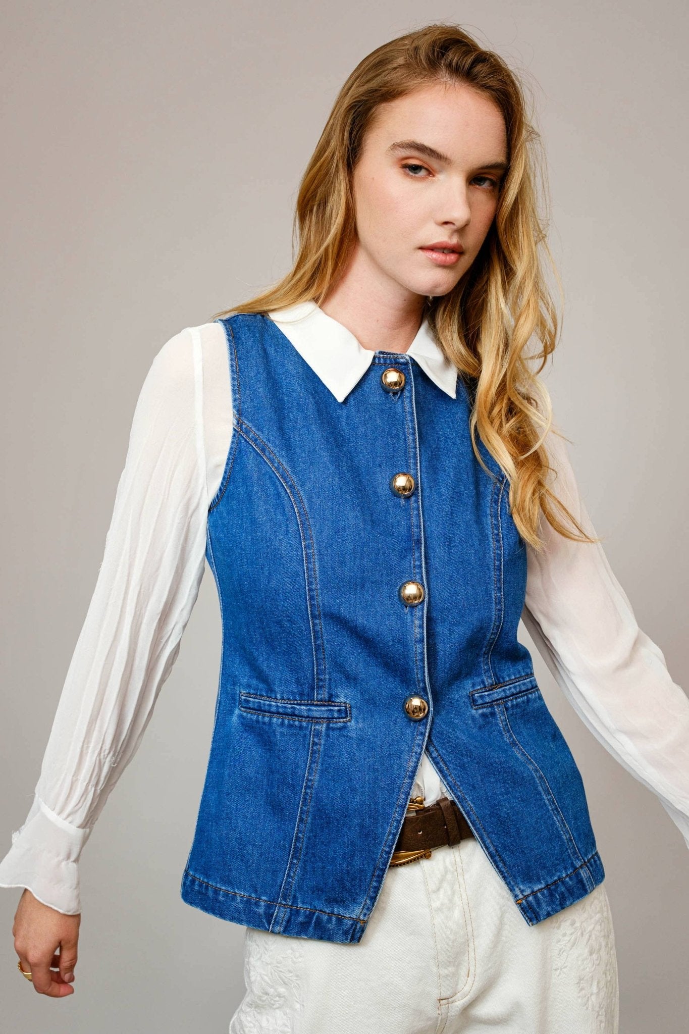 Gold Rush Button Denim Vest - Cowhide and Conchos