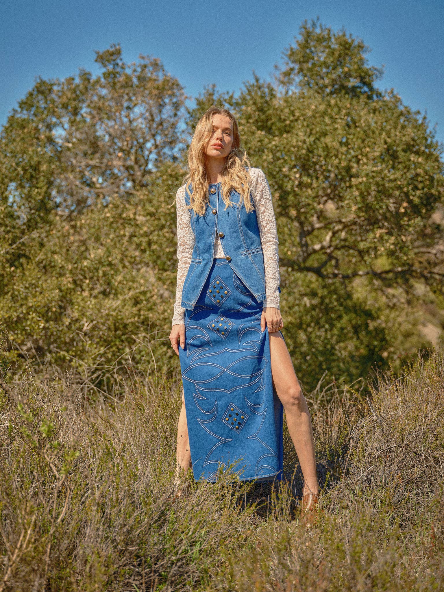 Gold Rush Button Denim Vest - Cowhide and Conchos