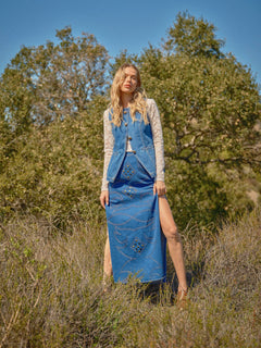 Gold Rush Button Denim Vest - Cowhide and Conchos