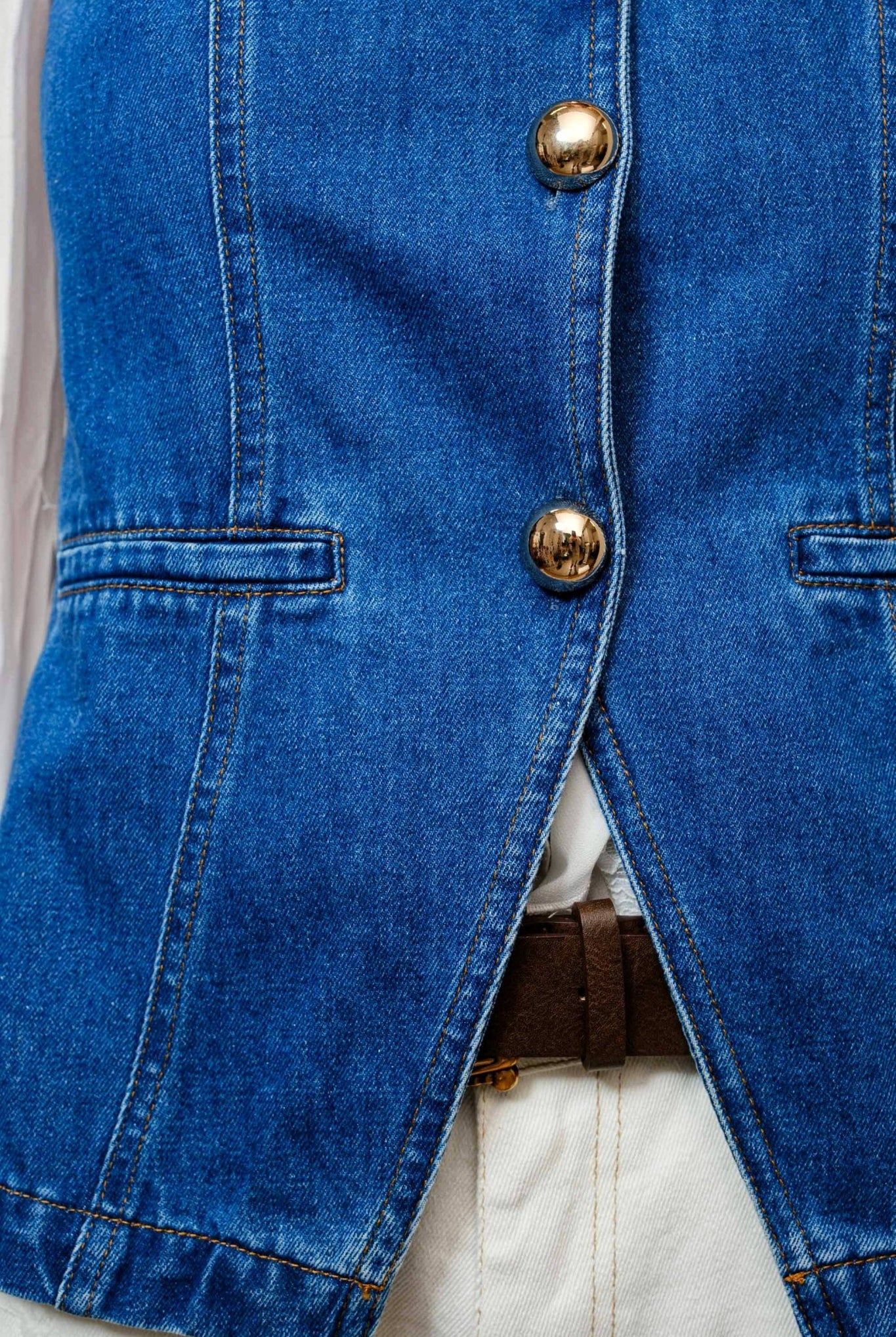 Gold Rush Button Denim Vest - Cowhide and Conchos