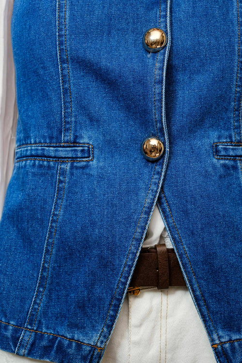 Gold Rush Button Denim Vest - Cowhide and Conchos