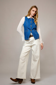 Gold Rush Button Denim Vest - Cowhide and Conchos