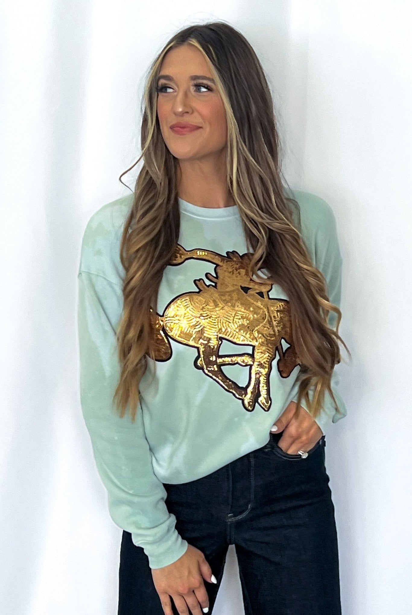Gold Sequin Horse Bleached Sweatshirt - Cowhide and Conchos